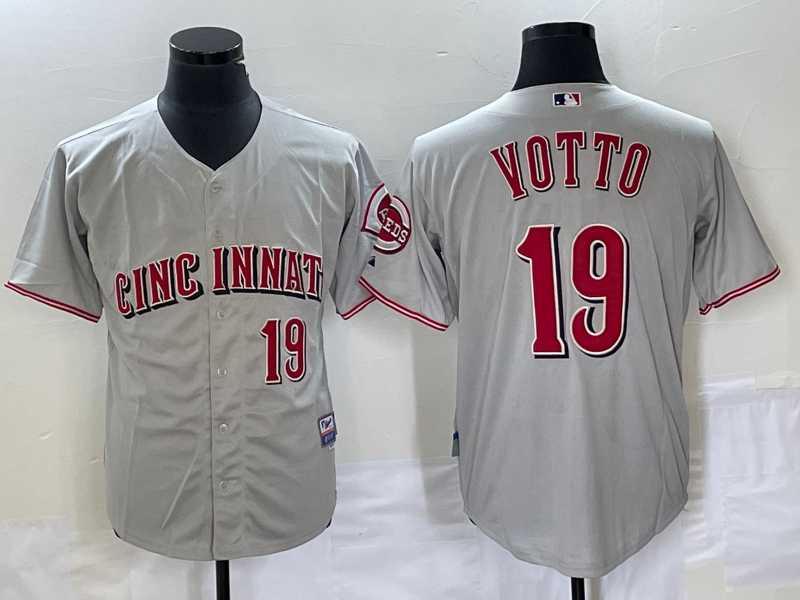 Mens Cincinnati Reds #19 Joey Votto Grey Wool Stitched Throwback Jersey->cincinnati reds->MLB Jersey